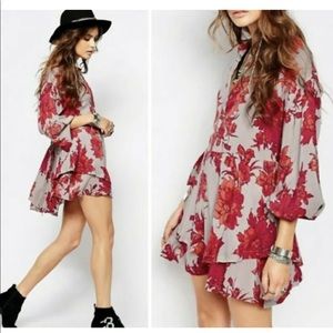 Free People Shake It Mini Dress Gray & Red Floral Long Sleeve Small Oversized